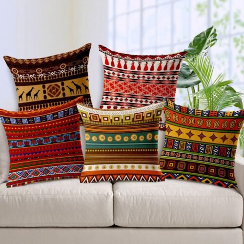 Handmade Jute Cushion Cover Set (16 × 16 Inches, Pack of 5, Multicolor Tribal Print)