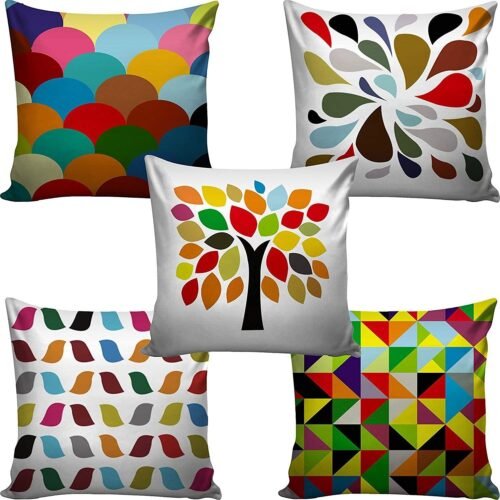Decorative Jute Cushion Cover Set (16 × 16 Inches, Pack of 5, Multicolor Geometric Prints)
