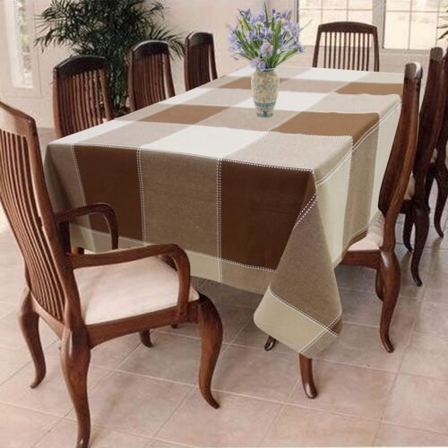 100% Cotton Checkered Tablecloth | Washable Dining Table Cover | Soft & Durable | Brown | 8 Seater