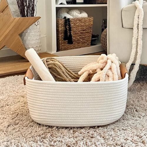Rectangle Cotton Rope Storage Basket with Leather Handles | Woven Decorative Organizer