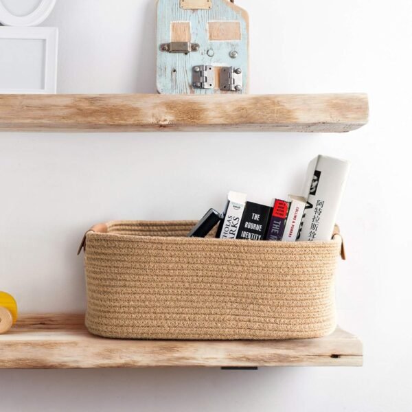 Rectangle Cotton Rope Woven Storage Basket with Leather Handles | Decorative Organizer