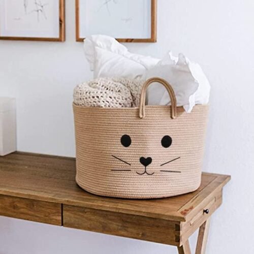 Round Cotton Rope Storage Basket with Handles | Cute Woven Storage Bin