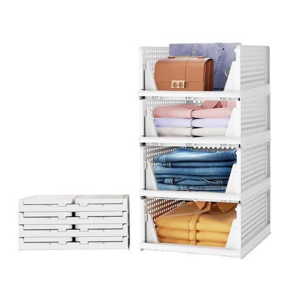 Aditya Polymers Pack of 4 Foldable Wardrobe Organizers Pack of 4 Foldable Wardrobe Organizers | Stackable Sliding Tray Clothes Storage Baskets | White