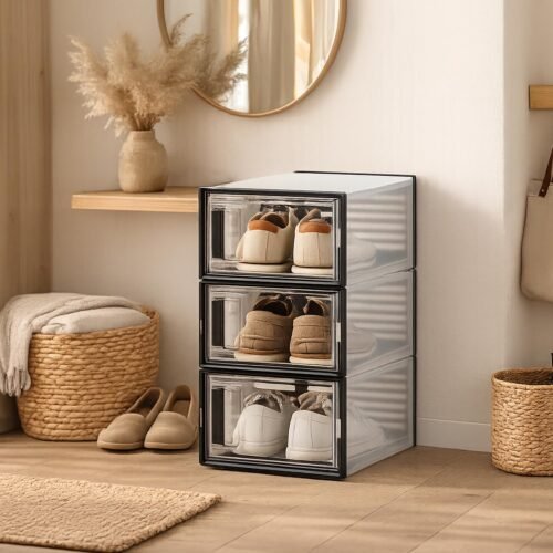 Amazon Basics 3-Door Stackable Shoe Storage Box Foldable Shoe Organizer 3-Door Stackable Shoe Storage Box | Foldable Dustproof Shoe Organizer | Black