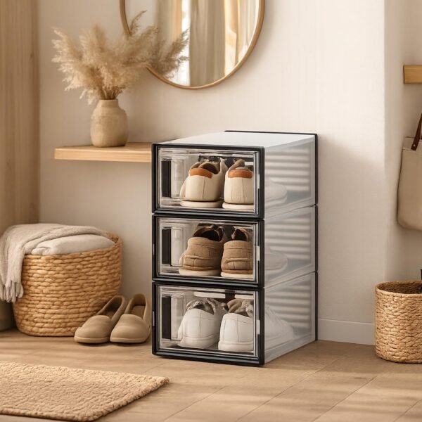Amazon Basics 3-Door Stackable Shoe Storage Box Foldable Shoe Organizer 3-Door Stackable Shoe Storage Box | Foldable Dustproof Shoe Organizer | Black