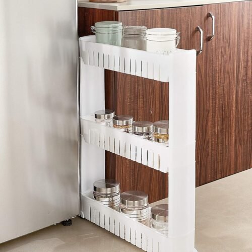 Amazon Basics 3-Tier Slim Rolling Storage Rack 3-Tier Slim Rolling Storage Rack | Plastic Slide-Out Organizer with Wheels | White