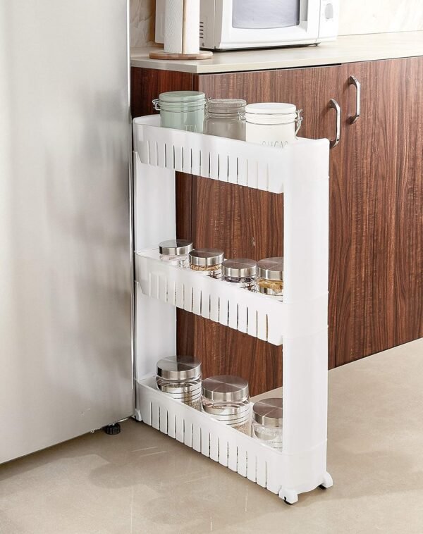 Amazon Basics 3-Tier Slim Rolling Storage Rack 3-Tier Slim Rolling Storage Rack | Plastic Slide-Out Organizer with Wheels | White