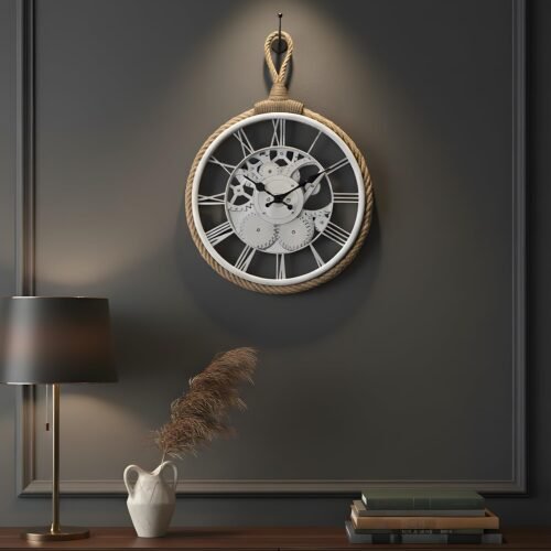 Skeleton Dial Wall Clock with Rope Hanging – White