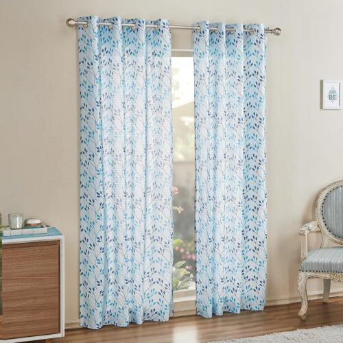 Amazon Solimo 75% Blackout Door Curtains 7 Feet White Blue 75% Blackout Polyester Door Curtains (7 Feet, White & Blue Leaf Print, Set of 2)
