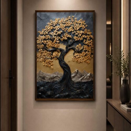 Artsense Golden Wish Tree Wall Painting Abstract Golden Lucky Wish Tree Canvas Wall Painting with Wooden Frame (20 × 30 Inches)