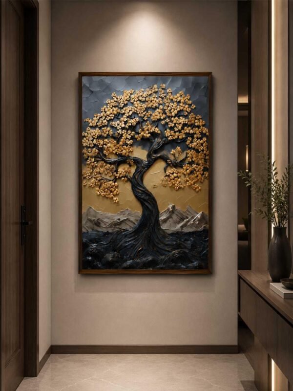 Artsense Golden Wish Tree Wall Painting Abstract Golden Lucky Wish Tree Canvas Wall Painting with Wooden Frame (20 × 30 Inches)