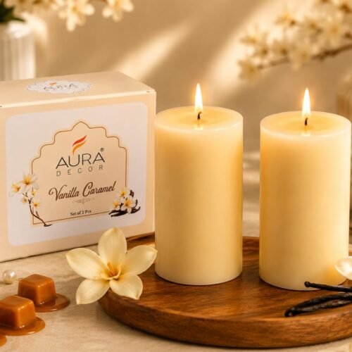 Vanilla Caramel Scented Pillar Candles – Set of 2 | 25 Hours Burn Time Each