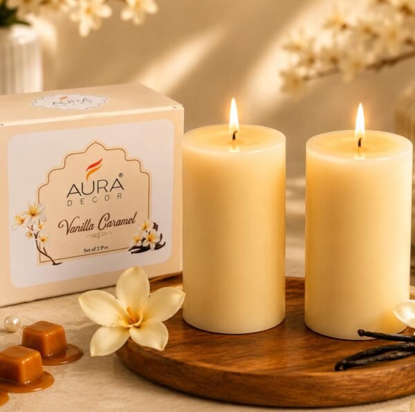 Vanilla Caramel Scented Pillar Candles – Set of 2 | 25 Hours Burn Time Each
