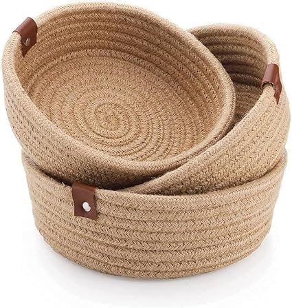 Round Cotton Rope Storage Baskets with Leather Handles | Set of 3 | Nesting Organizer