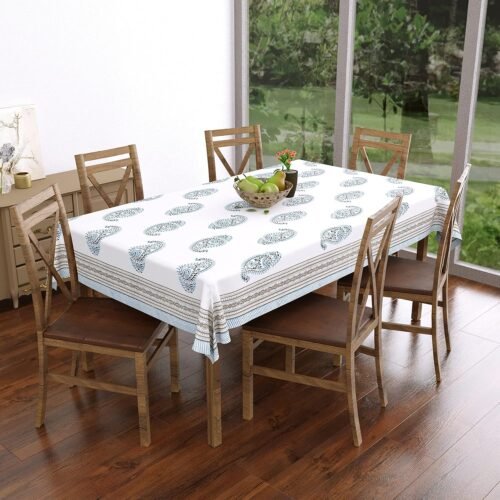 Cotton Hand Block Printed Tablecloth | 6 Seater Dining Table Cover | Paisley Print | Turquoise Grey | 145 × 225 cm
