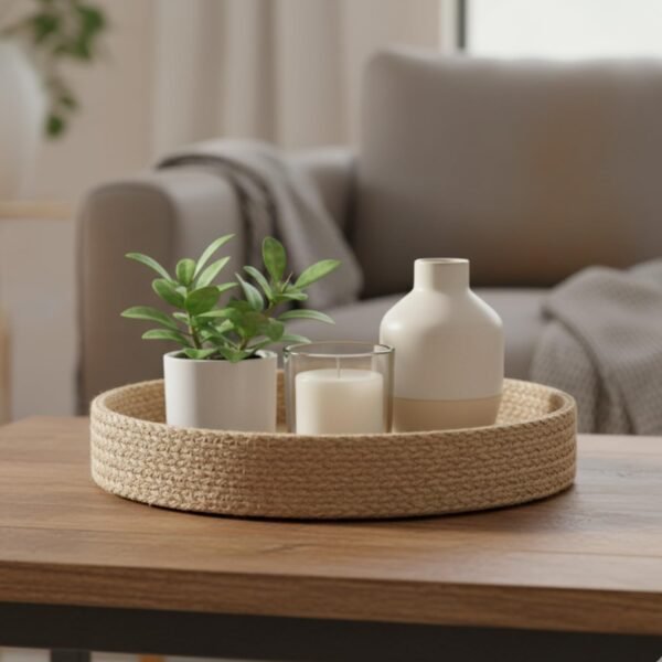 BOBBINY Decorative Round Rope Tray Handwoven Jute Coffee Table Tray Decorative Round Rope Tray – Handwoven Jute Storage & Coffee Table Décor Tray