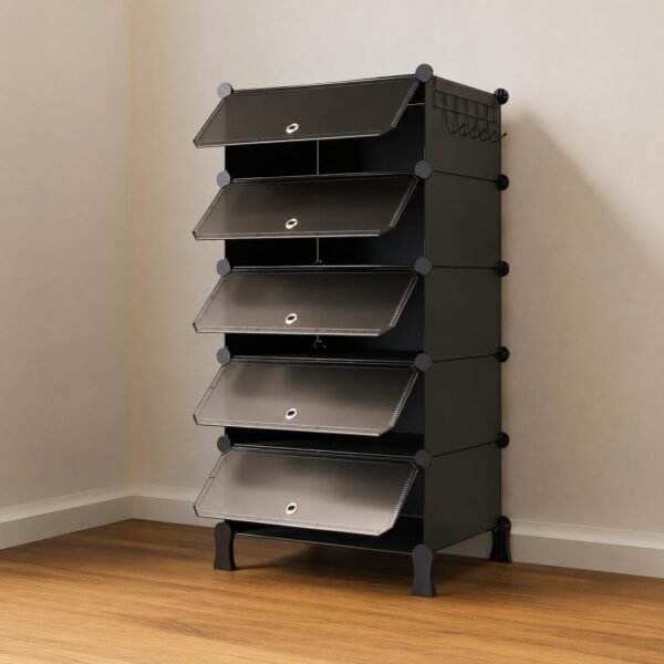 BOXJOY 5-Tier Shoe Storage Cabinet Magnetic Door Shoe Organizer 5-Tier Shoe Storage Cabinet with Magnetic Doors & Side Hooks | PP Plastic Shoe Organizer | Black