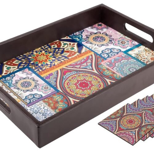 Premium Wooden Serving Tray with 4 Coasters – Decorative Rectangular MDF Tray (10 × 15 Inch)