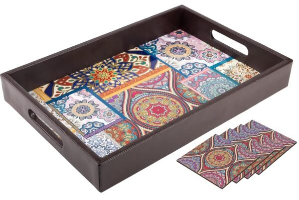 Birch & Co. Wooden Serving Tray with 4 Coasters Decorative MDF Tray Premium Wooden Serving Tray with 4 Coasters – Decorative Rectangular MDF Tray (10 × 15 Inch)