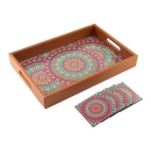 Wooden Serving Tray with Decorative Mandala Design & Coasters (10 x 15 Inch)