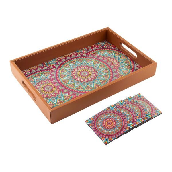 Birch & Co. Wooden Serving Tray with Mandala Design & Coasters 10x15 Inch Wooden Serving Tray with Decorative Mandala Design & Coasters (10 x 15 Inch)