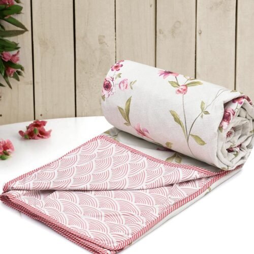 Double Bed Dohar Blanket 84 × 96 Inches, Brushed Microfiber Cotton AC Blanket with Floral Print & Lahariya Border (White, 213 × 243 cm)