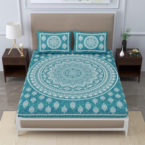 Colorish Jaipuri Mandala Cotton Blend Double Bedsheet Set Jaipuri Mandala Cotton Blend Double Bedsheet with 2 Pillow Covers (120 TC, Sea Green)
