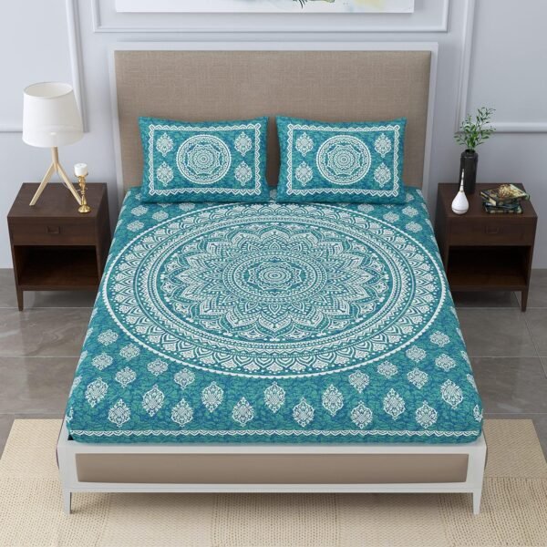 Colorish Jaipuri Mandala Cotton Blend Double Bedsheet Set Jaipuri Mandala Cotton Blend Double Bedsheet with 2 Pillow Covers (120 TC, Sea Green)
