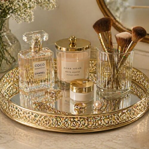 Gold Decorative Mirror Tray – Round Glass Vanity & Coffee Table Organizer (10 Inch)