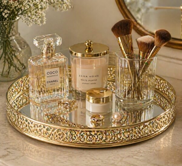Craft Brio Gold Decorative Mirror Tray Round Glass Vanity Organizer Gold Decorative Mirror Tray – Round Glass Vanity & Coffee Table Organizer (10 Inch)
