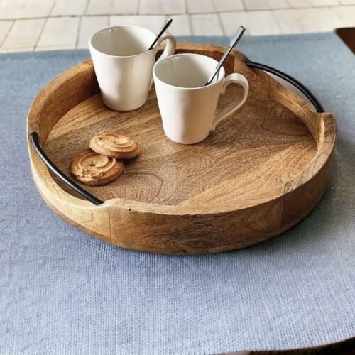 Rustic Round Wooden Serving Tray with Iron Handles – Mango Wood Decorative Tray (10 Inch)