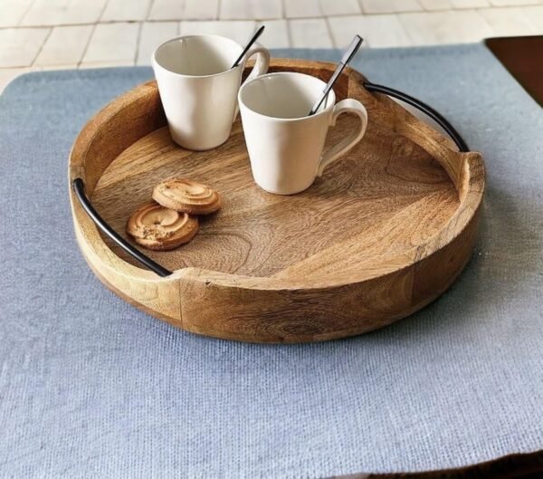 Craft Mshopr Rustic Round Wooden Serving Tray Mango Wood Decorative Tray Rustic Round Wooden Serving Tray with Iron Handles – Mango Wood Decorative Tray (10 Inch)