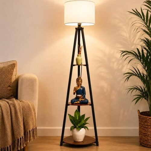 Tripod Floor Lamp with 3 Display Shelves – Cotton White