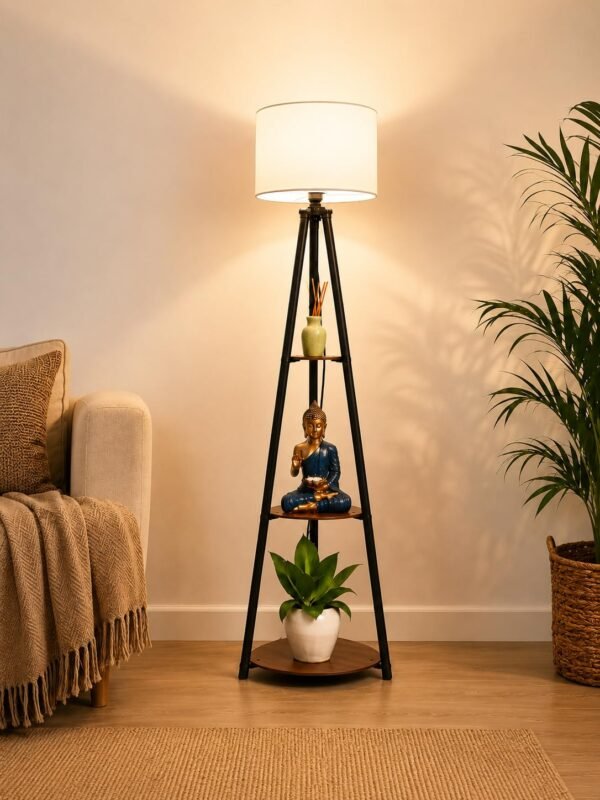Tripod Floor Lamp with 3 Display Shelves – Cotton White