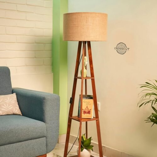 Wooden Tripod Floor Lamp with Display Shelf – Natural Jute
