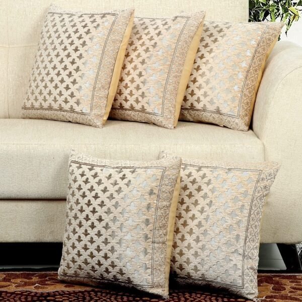 DECOMIZER Jacquard Chenille Cushion Cover Set of 5 (16×16) Star Beige Jacquard Chenille Cushion Cover Set (16 × 16 Inches, Pack of 5, Star Beige Geometric Design)