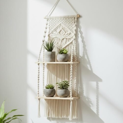 2-Tier Macrame Hanging Wall Shelf | Boho Wooden Floating Plant Display Shelf