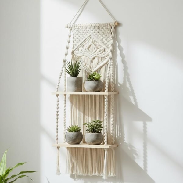 2-Tier Macrame Hanging Wall Shelf | Boho Wooden Floating Plant Display Shelf
