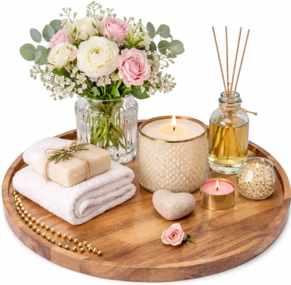 Decorasia Premium Wooden Round Serving Tray Decorative Wooden Platter for Home Décor Premium Wooden Round Serving Tray | Decorative Platter for Coffee Table & Home Décor