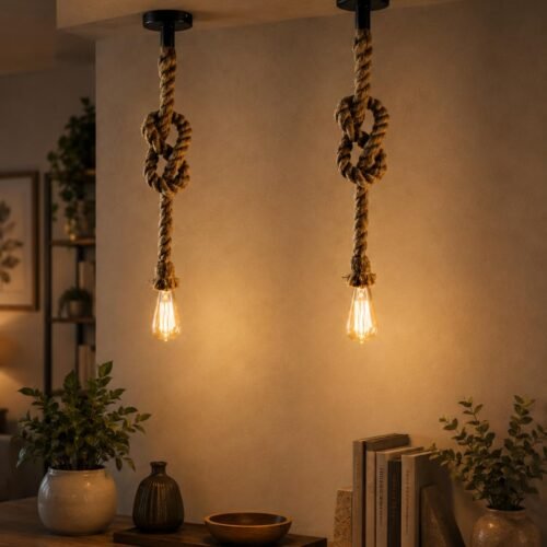 Rustic Rope Pendant Lights (Pack of 2) – E27 Hanging Ceiling Lights