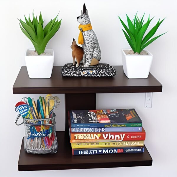 2-Tier Engineered Wood Floating Wall Shelf | Decorative Wall Mounted Display & Storage Shelf (Brown)