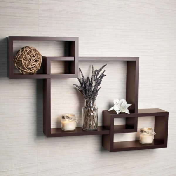 Interlocking Floating Wall Shelf | Decorative Wooden Wall Mounted Display & Storage Shelf (Brown)