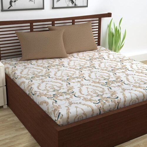 Divine Casa 144 TC Cotton Double Bedsheet 144 TC Cotton Double Bedsheet with 2 Pillow Covers (Ivory Gold Floral)
