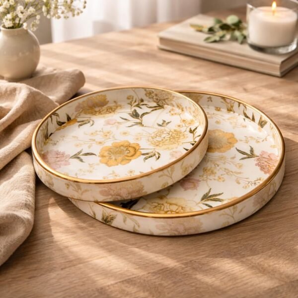Floral Round Wooden Tray Set of 2 – MDF Decorative Serving Trays with Gold Enamel Finish