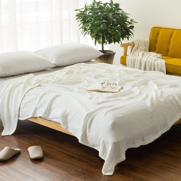 EMME Cotton Muslin Throw Blanket 50×70 Inch White Cotton Muslin Throw Blanket for Sofa, Bed & Couch, Breathable 4-Layer Gauze Lightweight Blanket (White, 50 × 70 Inches / 190 × 140 cm)