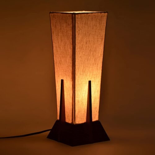 Handcrafted Sheesham Wood Table Lamp | Pyramid Cotton Shade Bedside Lamp