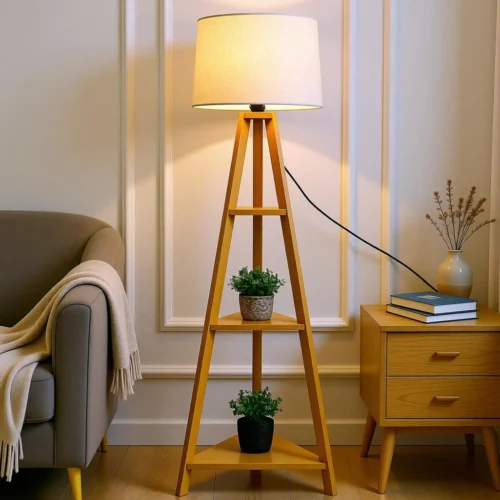 Wooden Tripod Floor Lamp with Display Shelves – Beige