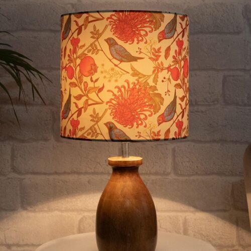Floral Wooden Table Lamp for Bedroom & Living Room | Cotton Fabric Shade | Warm Ambient Bedside Lamp