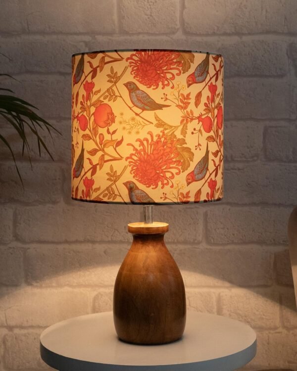 Floral Wooden Table Lamp for Bedroom & Living Room | Cotton Fabric Shade | Warm Ambient Bedside Lamp