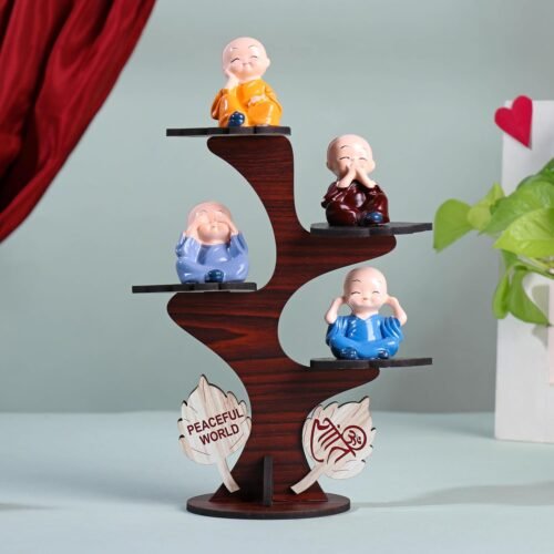 Buddha Monk Figurine Set with Wooden Stand